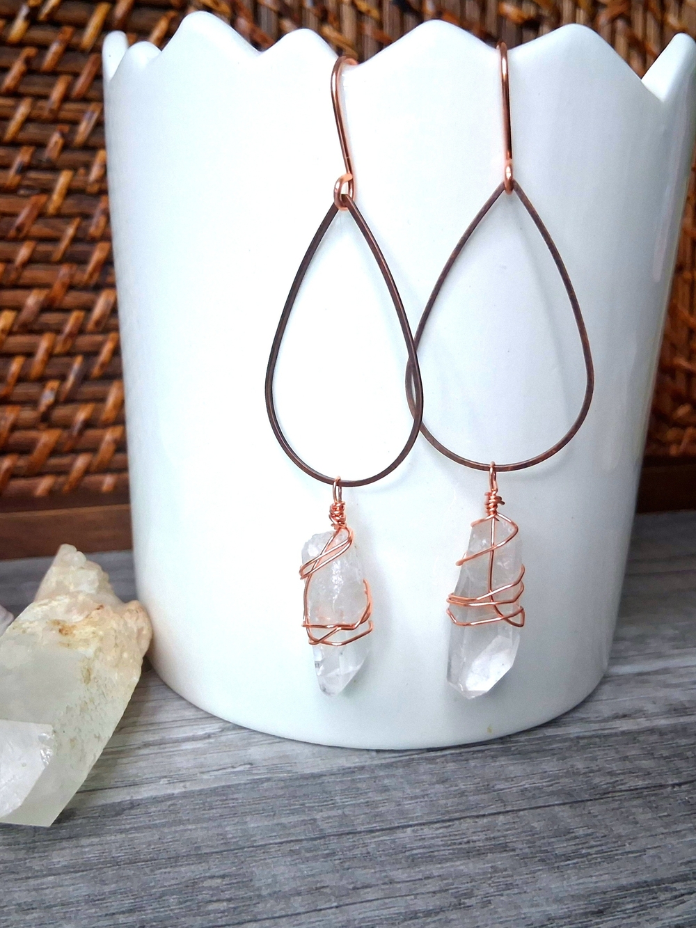 Copper and Clear Quartz Crystal Teardrop Wire Wrap Earrings - Picture 3 of 6